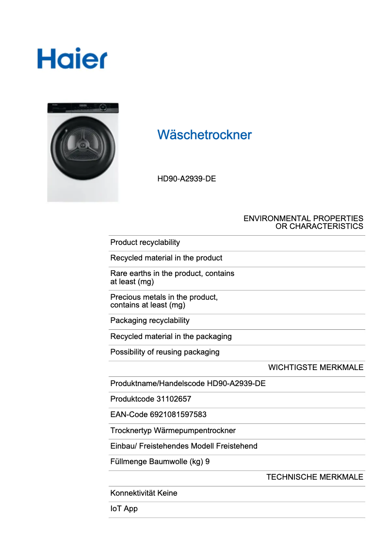 Page 1 of the manual Technical Sheet Haier HD90-A2939