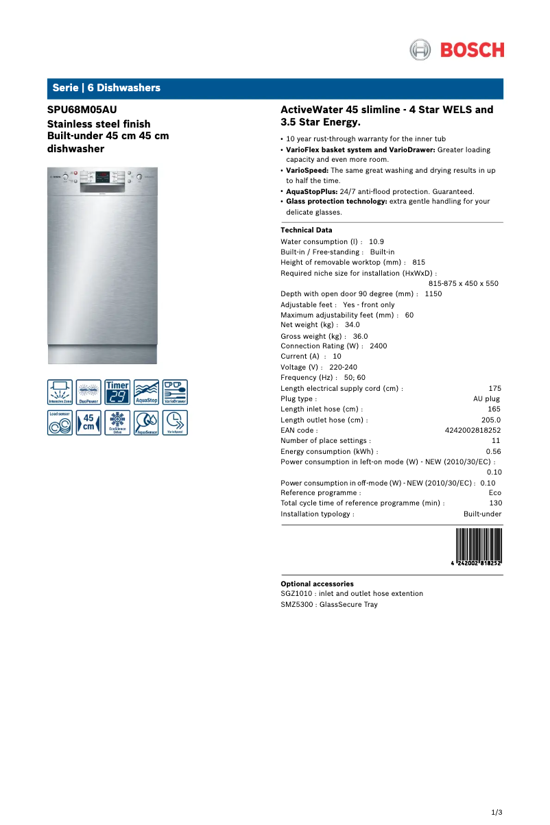 Page 1 de la notice Fiche technique Bosch SPU68M05AU