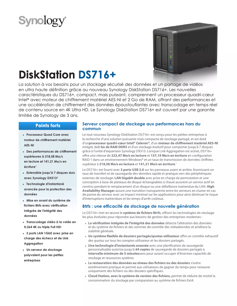 Page 1 de la notice Fiche technique Synology DS716+