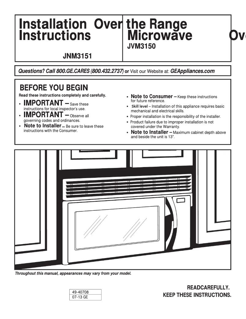 Página 1 del manual Guía de instalación GE JNM3151DFBB