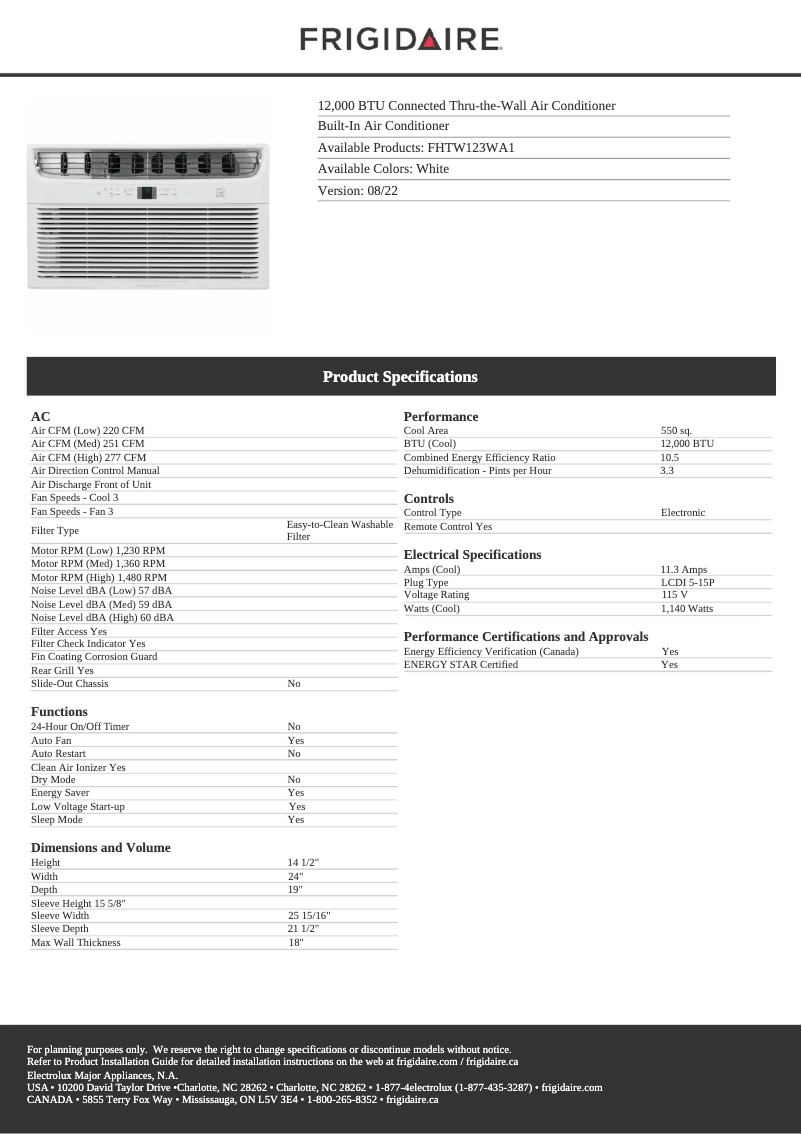 Page 1 de la notice Fiche technique Frigidaire FHTW123WA1