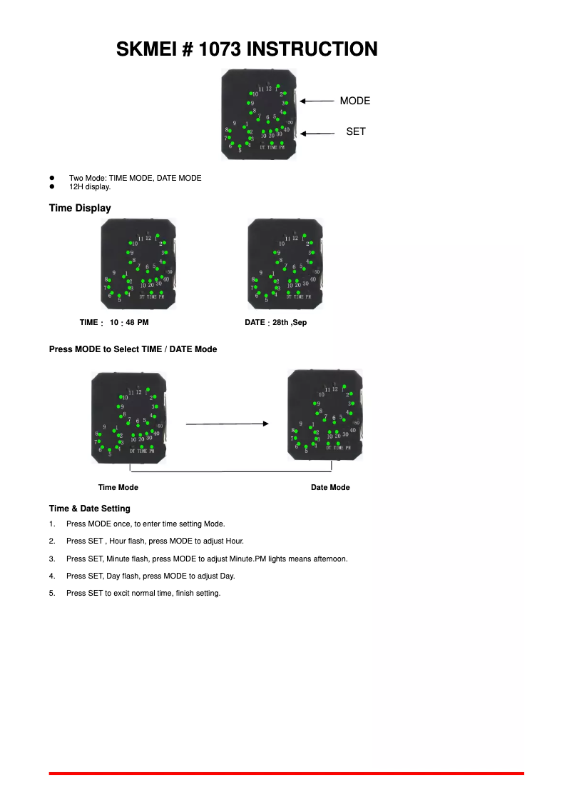 Page 1 de la notice Manuel utilisateur Skmei 1073