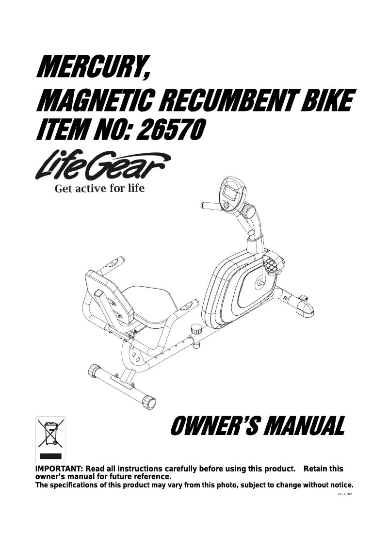 Página 1 del manual Manual de usuario Life Gear Mercury Magnetic Recumbent Bike 26570