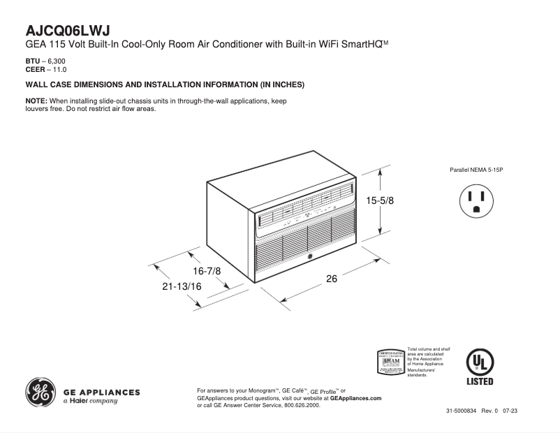 Page 1 of the manual Technical Sheet GE AJCQ06LWJ