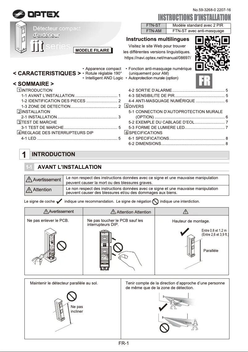 Page 1 de la notice Manuel utilisateur Optex FTN-ST
