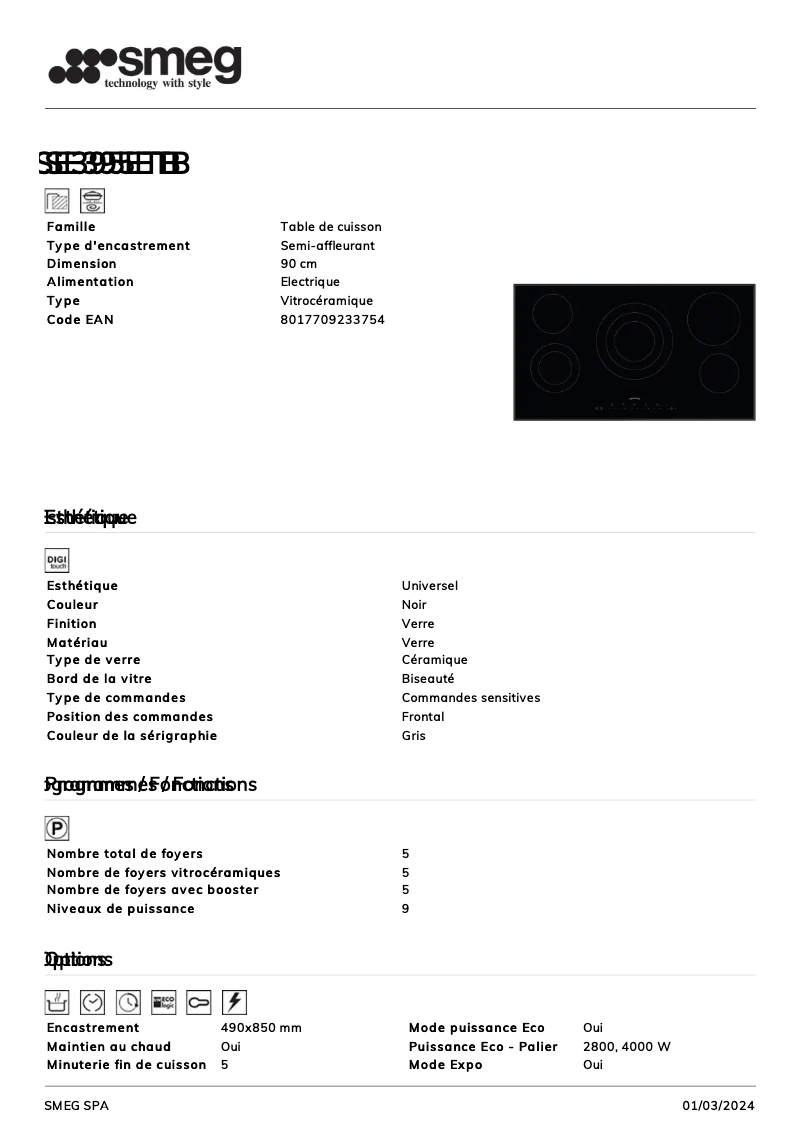 Page 1 de la notice Fiche technique Smeg SE395ETB