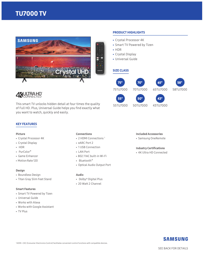 Página 1 del manual Ficha técnica Samsung UN50TU7000FXZA
