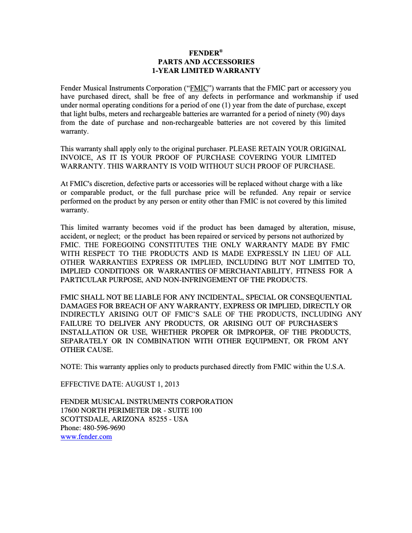 Page 1 de la notice Informations de garantie Fender SwitchBoard