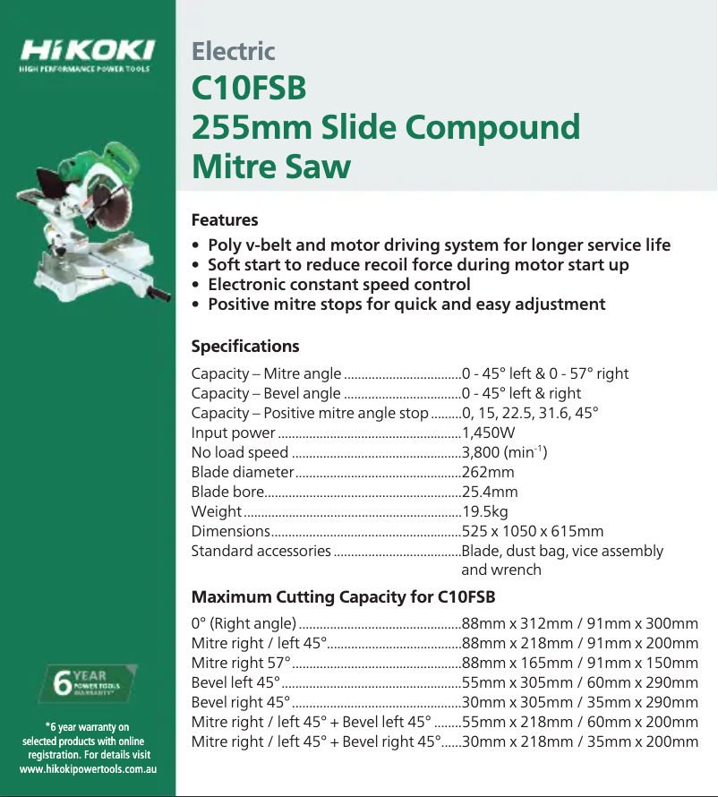 Page 1 de la notice Fiche technique HiKOKI C10FSB