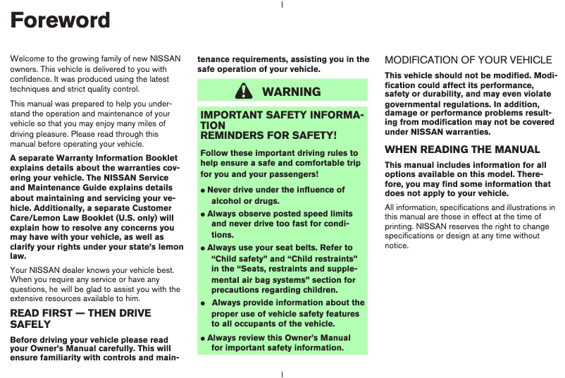 Page 1 de la notice Manuel utilisateur Nissan 350Z (2003)