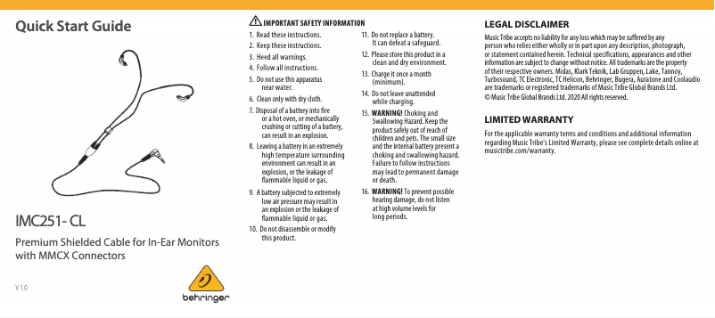 Page 1 de la notice Manuel utilisateur Behringer IMC251-CL