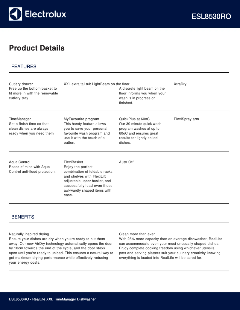 Página 1 del manual Ficha técnica Electrolux ESL8530RO