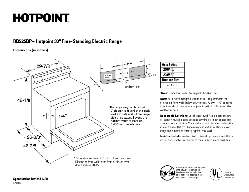 Page 1 de la notice Fiche technique Hotpoint RB525DPWH