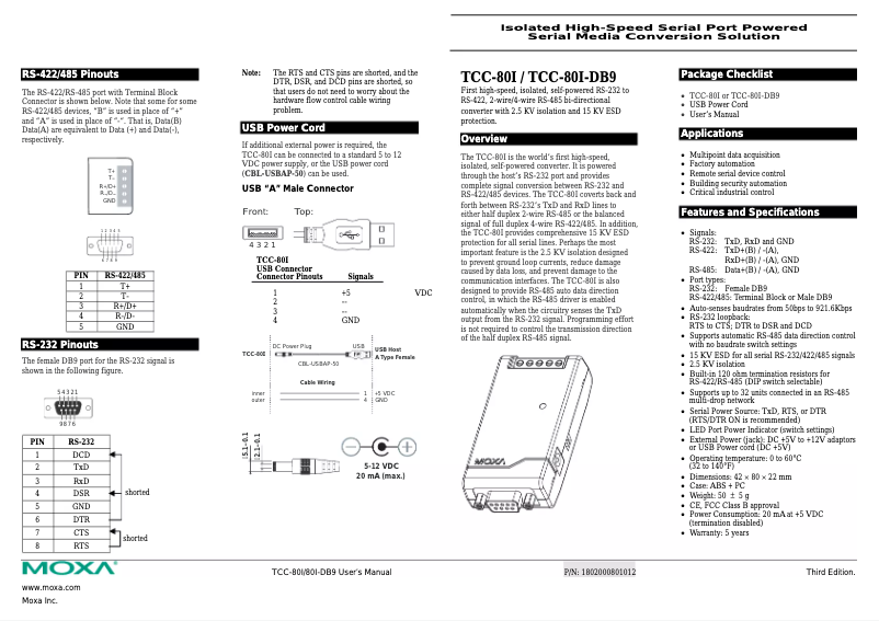Page 1 de la notice Manuel utilisateur Moxa TCC-80