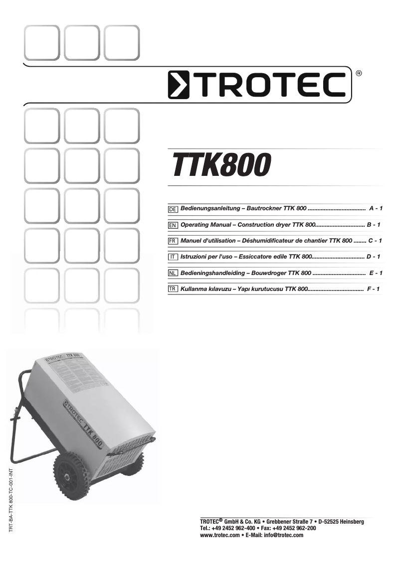 Page 1 de la notice Manuel utilisateur Trotec TTK 800