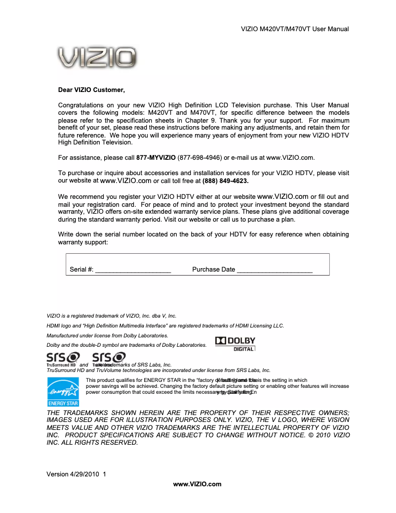 Page 1 de la notice Manuel utilisateur VIZIO M420VT