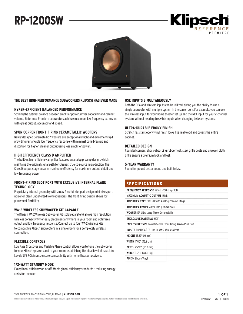 Page 1 de la notice Fiche technique Klipsch Reference Premiere RP-1200SW