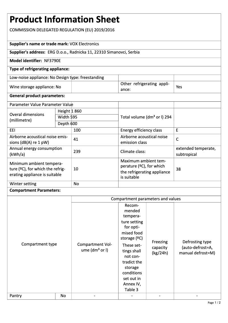 Page 1 de la notice Fiche technique VOX NF 3790 E