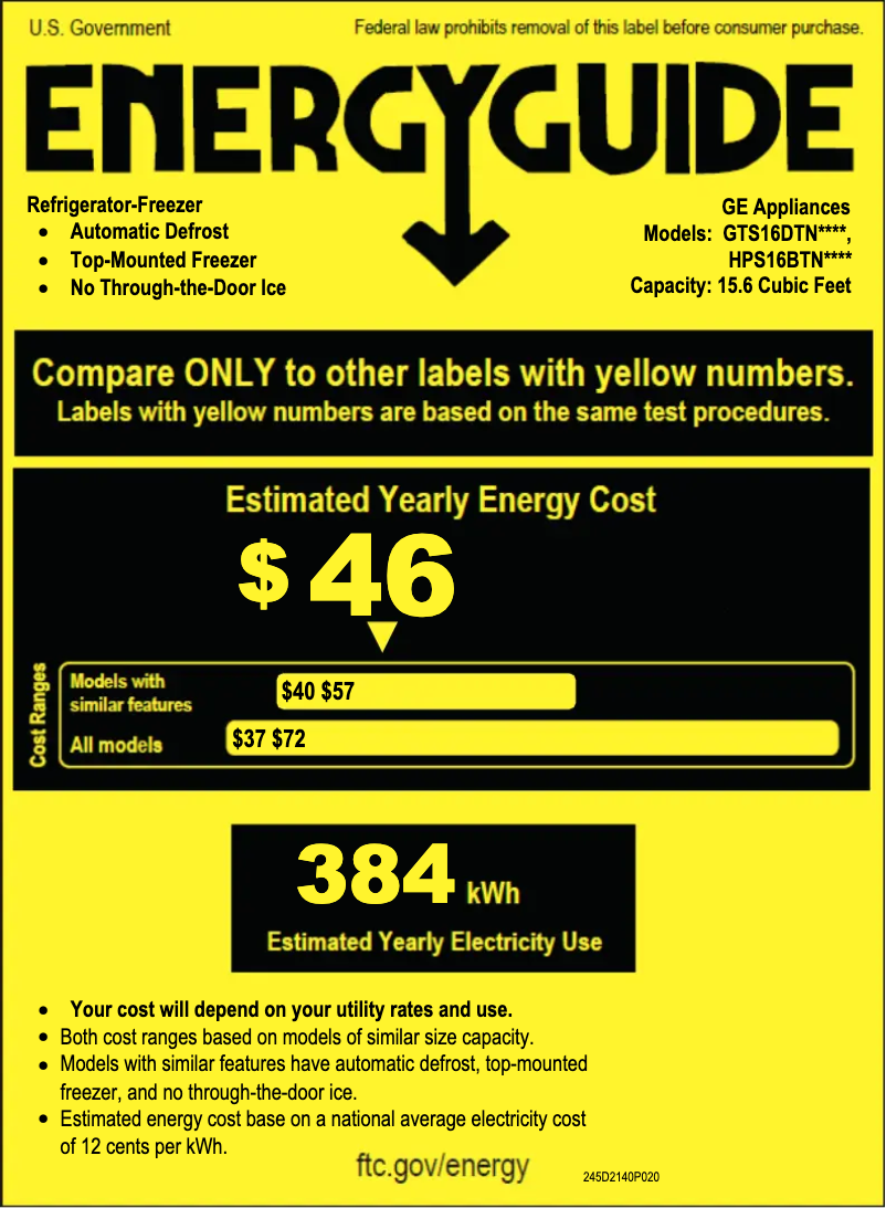 Page 1 of the manual Energy Label GE HPS16BTNRWW