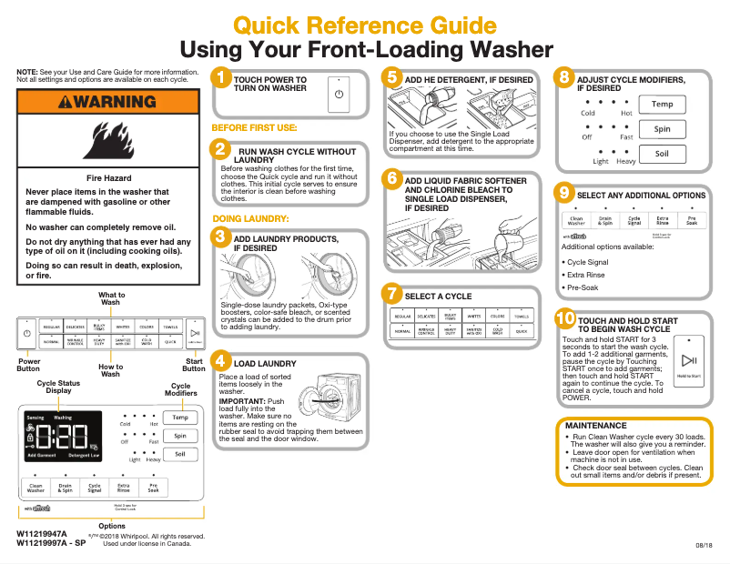 Página 1 del manual Guía de inicio rápido Whirlpool WFW5620HW