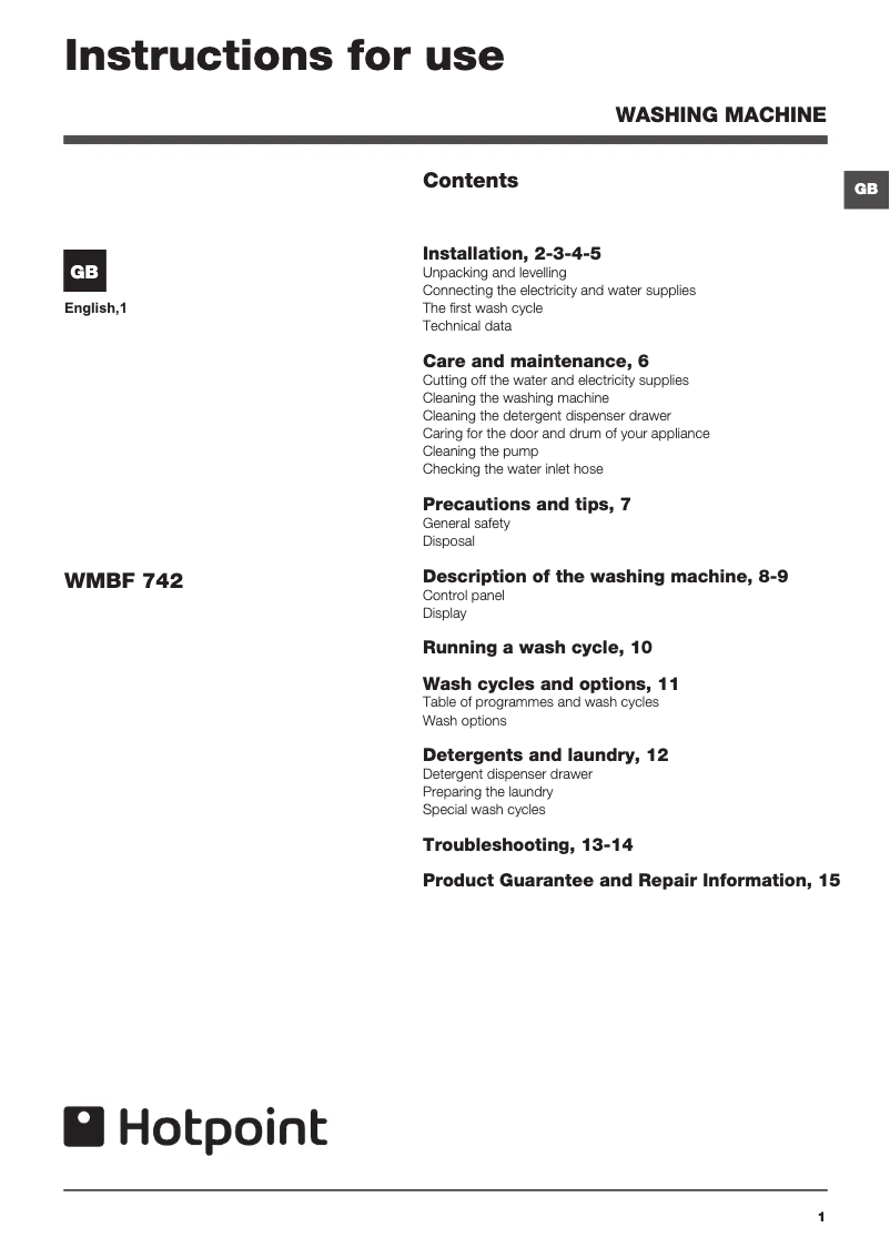 Página 1 del manual Manual de usuario Hotpoint WMBF 742K UK