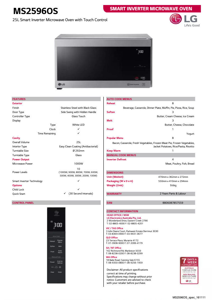 Page 1 of the manual Technical Sheet LG NeoChef MS2596