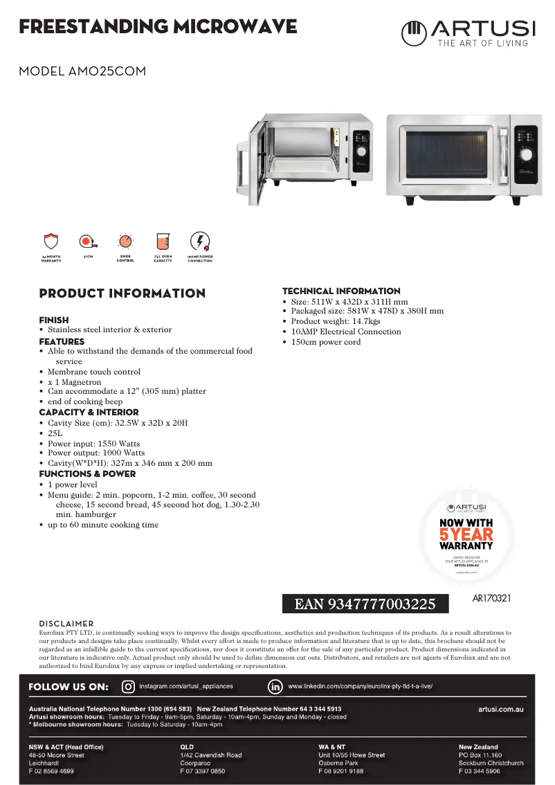 Page 1 of the manual Technical Sheet Artusi AMO25COM