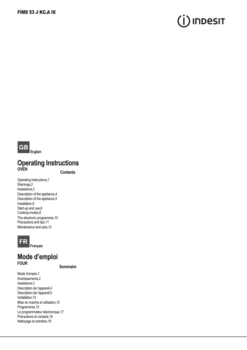 Page 1 de la notice Manuel utilisateur Indesit FIMS 53 J KC.A IX