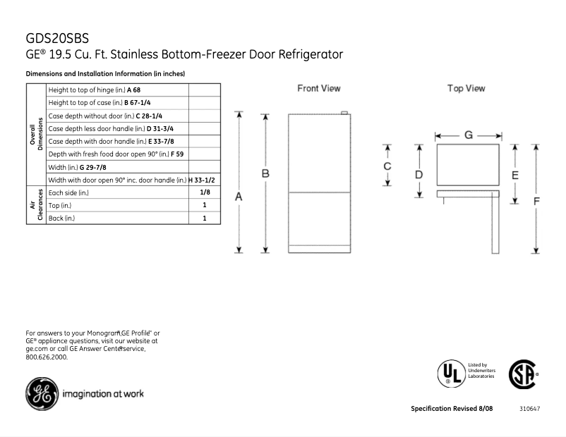 Page 1 of the manual Technical Sheet GE GDS20SBSSS
