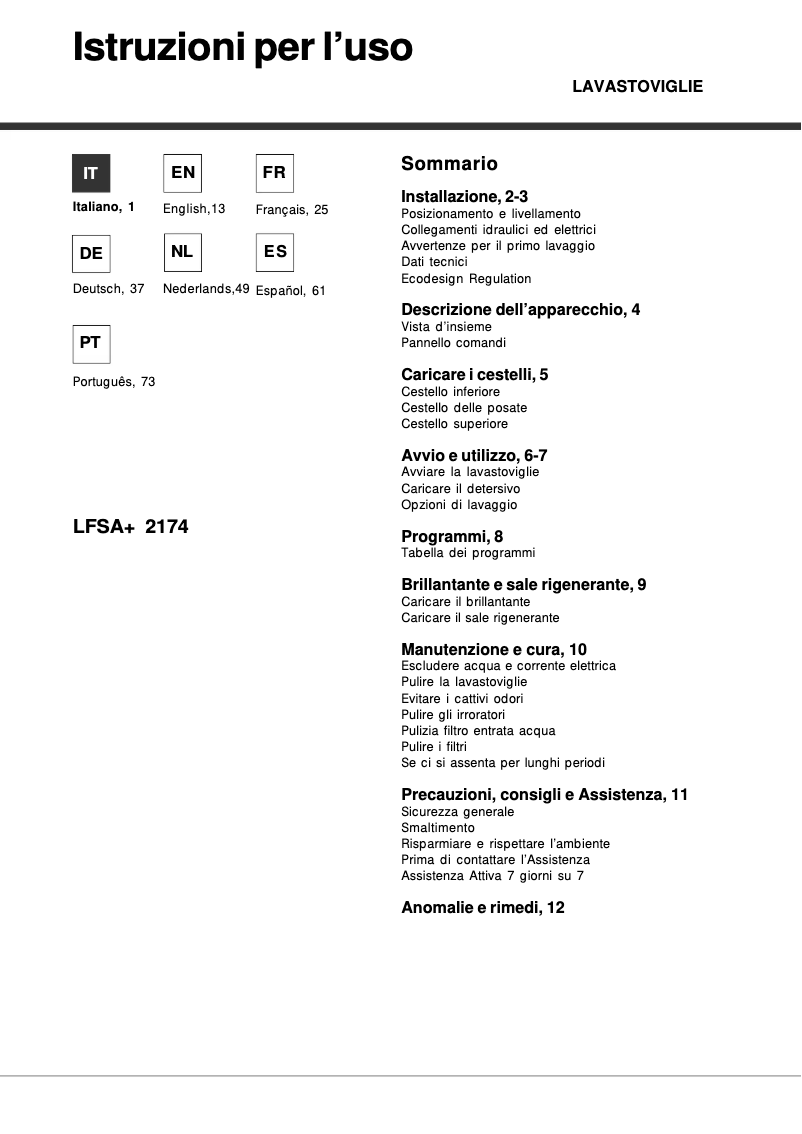Page 1 de la notice Manuel utilisateur Hotpoint Ariston LFSA+ 2174 A WH