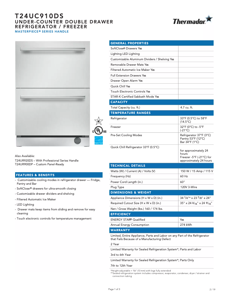 Page 1 of the manual Technical Sheet Thermador T24UC910DS