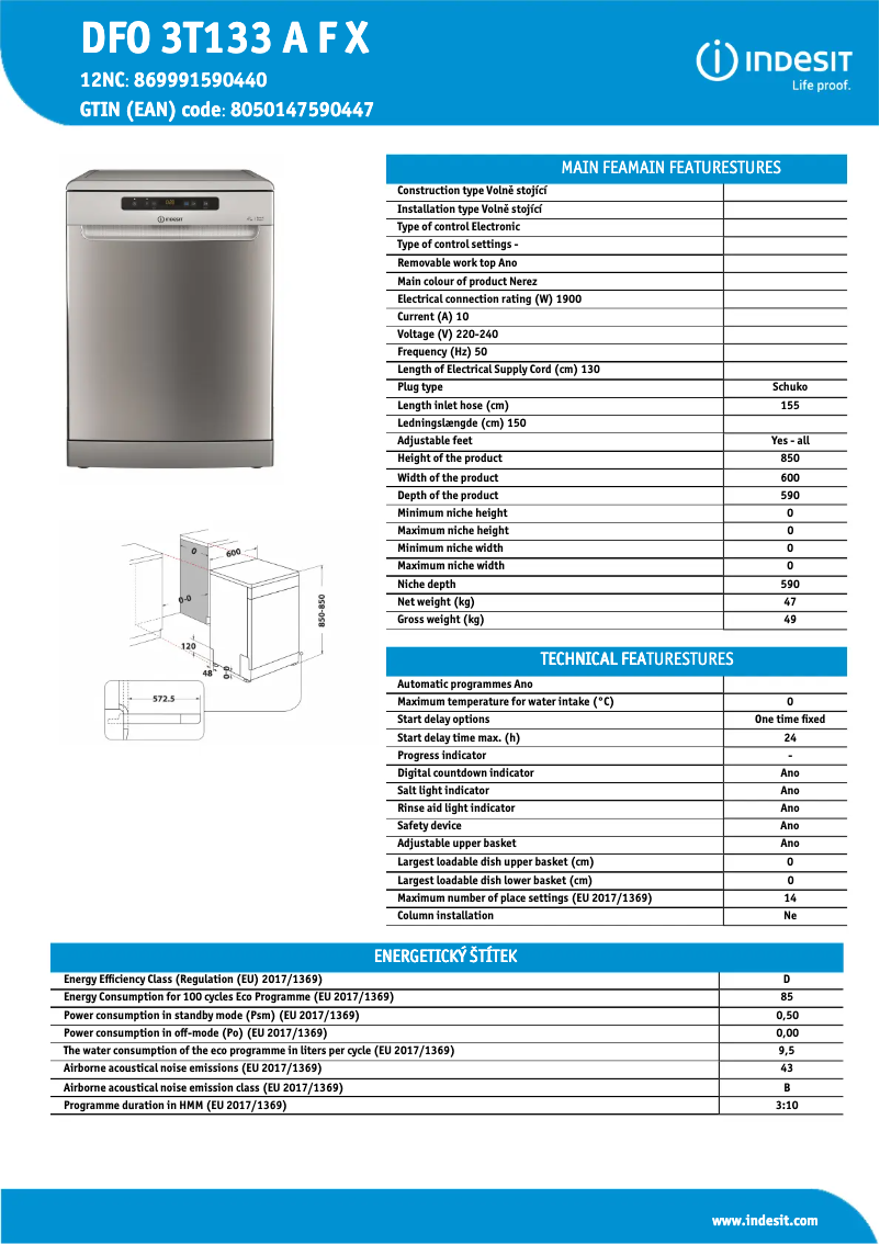 Page 1 de la notice Fiche technique Indesit DFO 3T133 A F X
