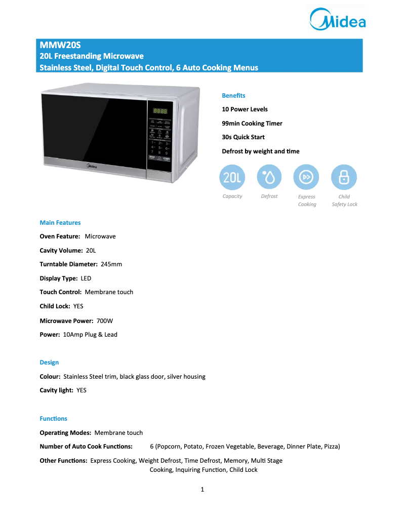 Page 1 de la notice Fiche technique Midea MMW20S