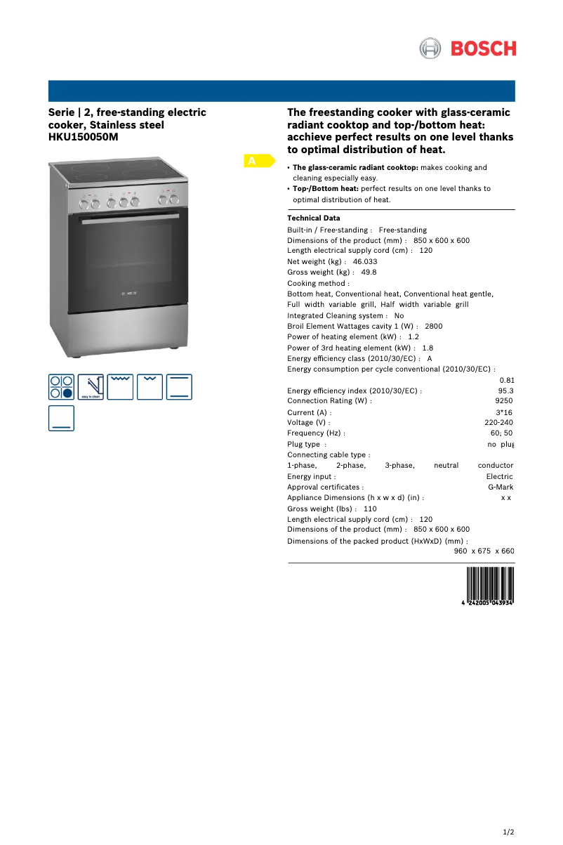Page 1 de la notice Fiche technique Bosch HKU150050M