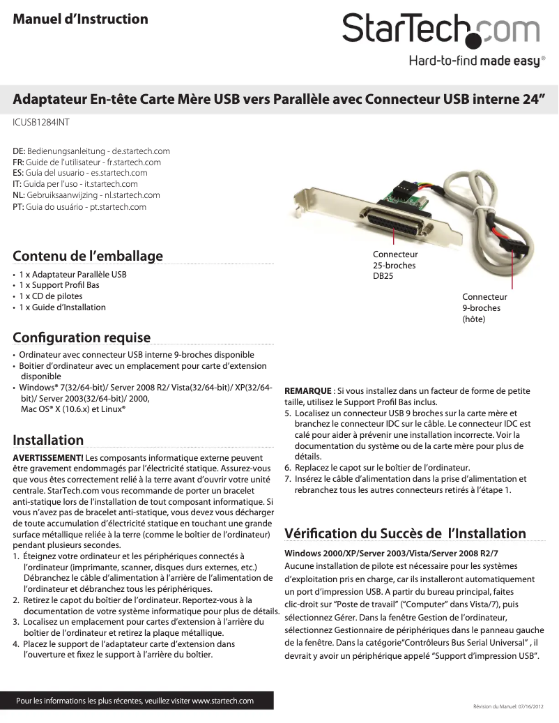 Page 1 de la notice Manuel utilisateur StarTech.com ICUSB1284INT