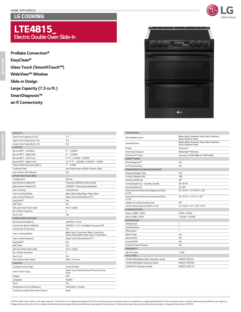 Page 1 de la notice Fiche technique LG LTE4815ST