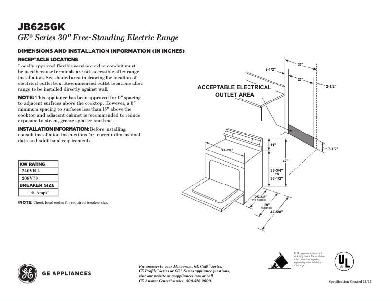 Página 1 del manual Ficha técnica GE JB625GKSA