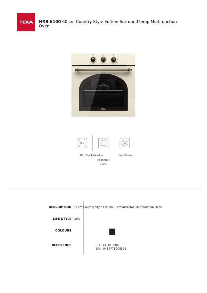 Page 1 de la notice Fiche technique Teka HRB 6100 VN