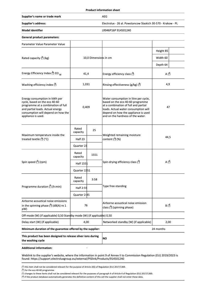 Page 1 de la notice Fiche technique AEG LR946P16P