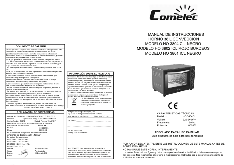 Page 1 de la notice Manuel utilisateur Comelec HO 3804 CL