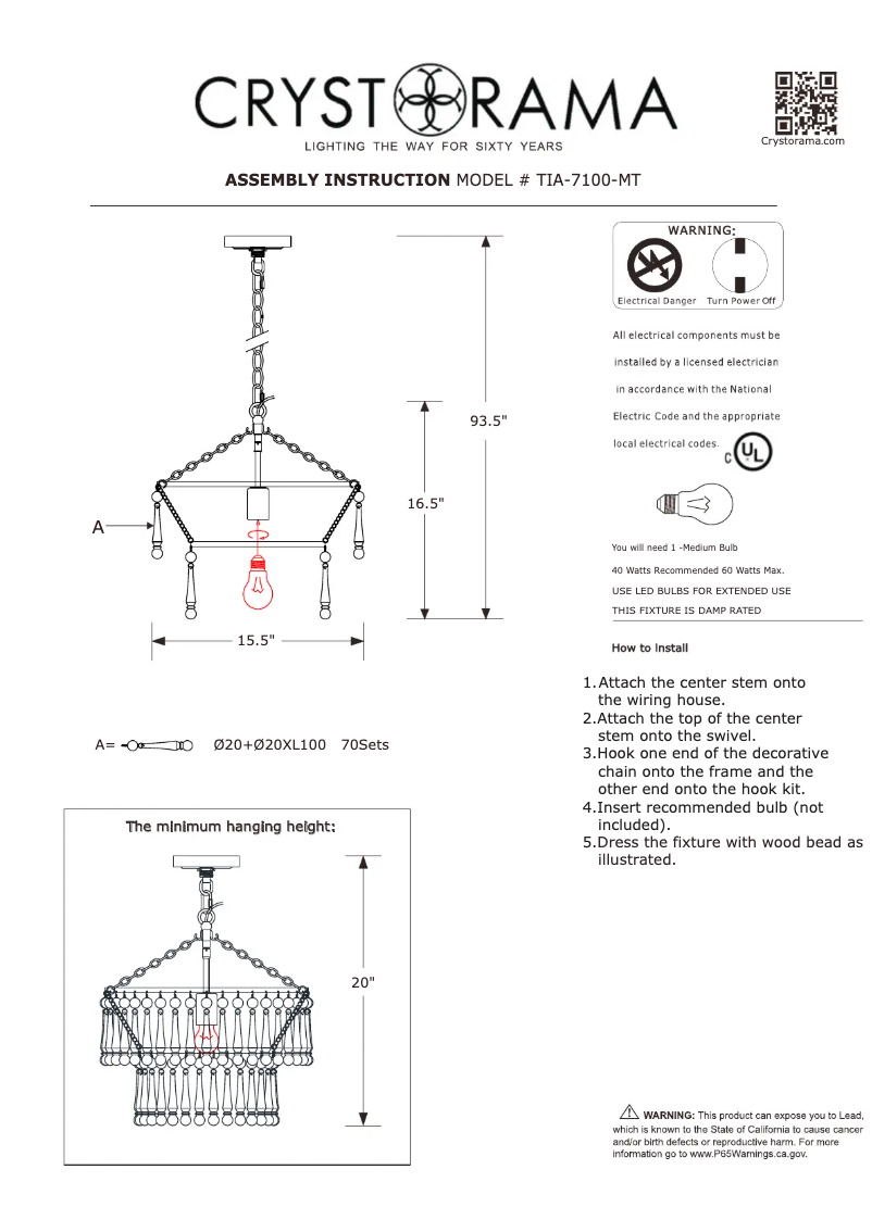 Page 1 de la notice Manuel utilisateur Crystorama Tiana TIA-7100-MT