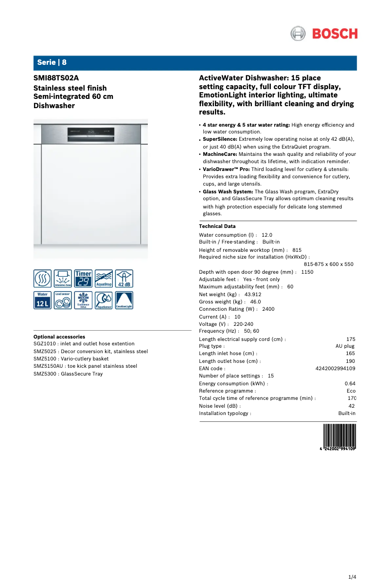 Page 1 de la notice Fiche technique Bosch SMI88TS02A