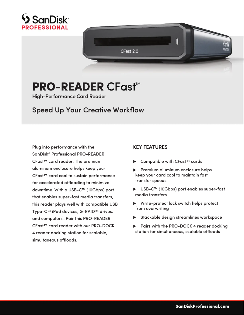 Page 1 de la notice Fiche technique Sandisk PRO-READER CFast