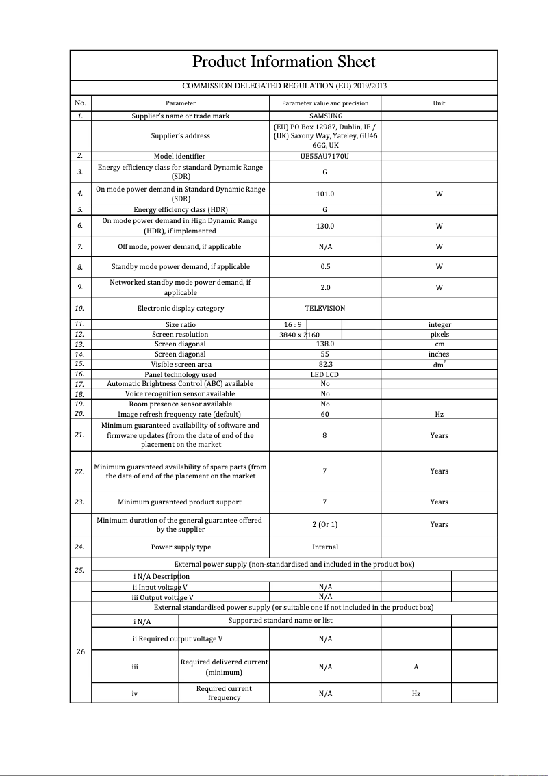 Página 1 del manual Ficha técnica Samsung UE55AU7170