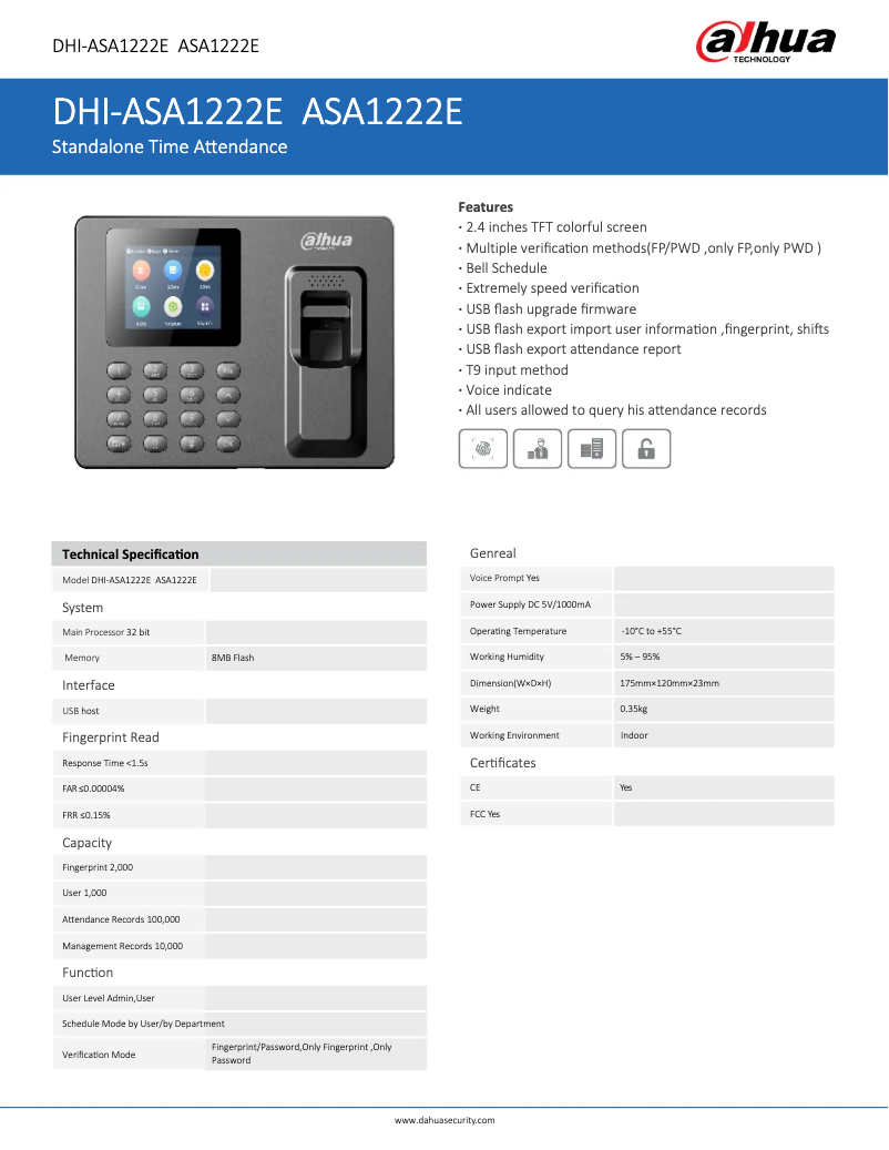 Page 1 de la notice Fiche technique Dahua Technology ASA1222E