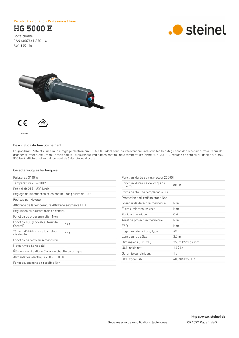 Page 1 de la notice Fiche technique Steinel HG 5000 E