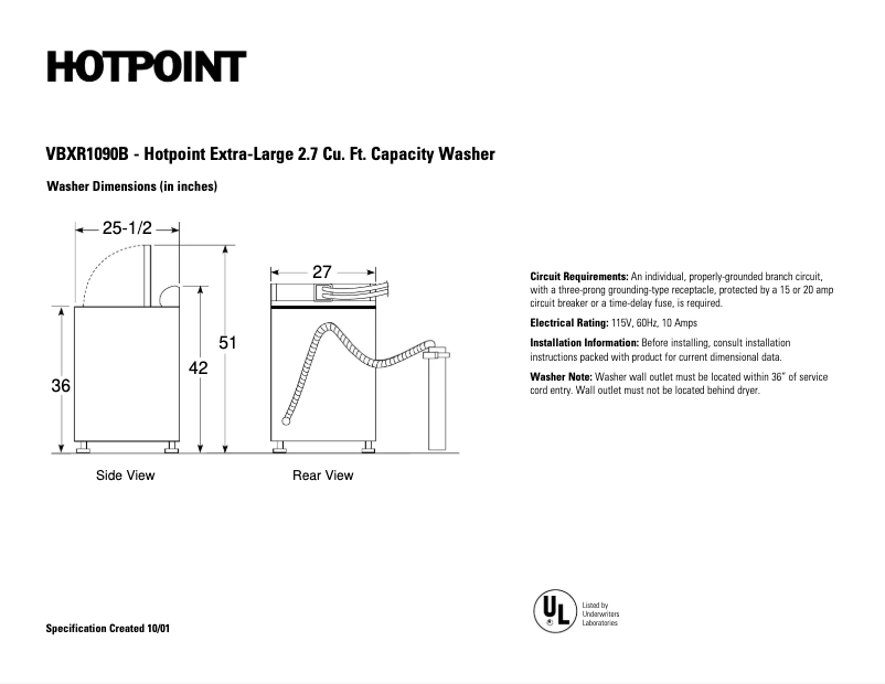 Página 1 del manual Ficha técnica Hotpoint VBXR1090BCC