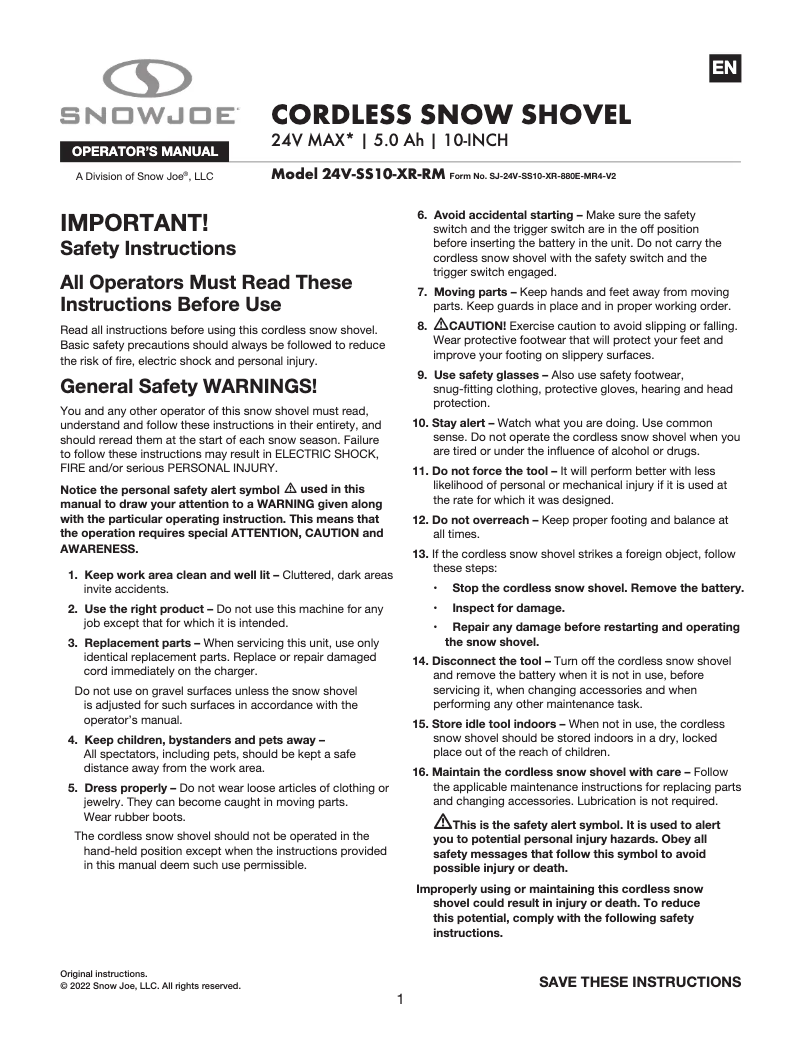 Page 1 de la notice Manuel utilisateur Snow Joe 24V-SS10-XR-RM