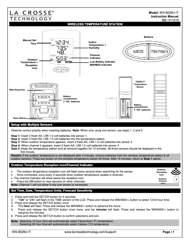 Page 1 de la notice Manuel utilisateur La Crosse Technology WS-9029U-IT