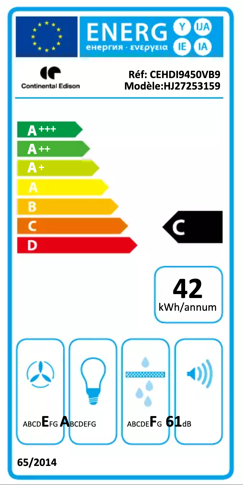 Page 1 de la notice Label énergétique Continental Edison CEHDI9450VB9
